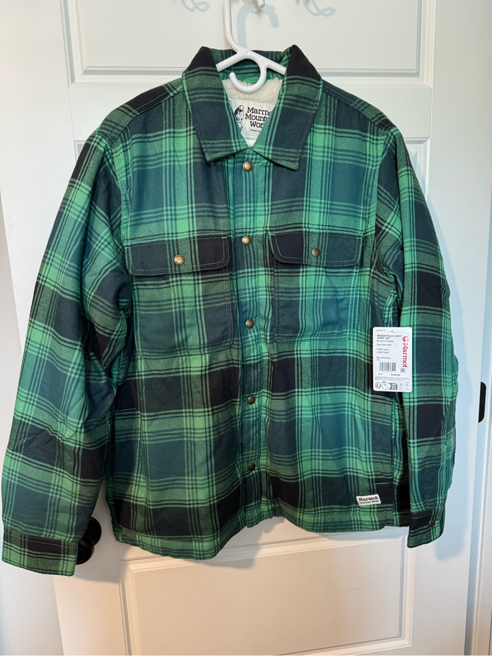 NWT Marmot Ridgefield Sherpa Lined Shirt Jacket Shacket, Green Plaid, Size M